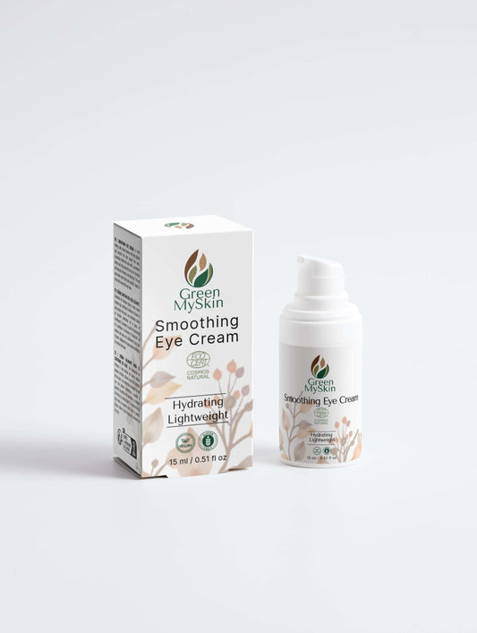 Vegan smoothing eye cream with organic, cruelty-free ingredients to reduce puffiness, dark circles, and fine lines around the eyes, available at greenmyskin.com.