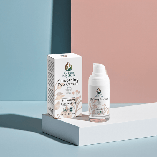 Smoothing Eye Cream by Green My Skin, hydrating and vegan, on sleek white surface surrounded by lush green leaves.