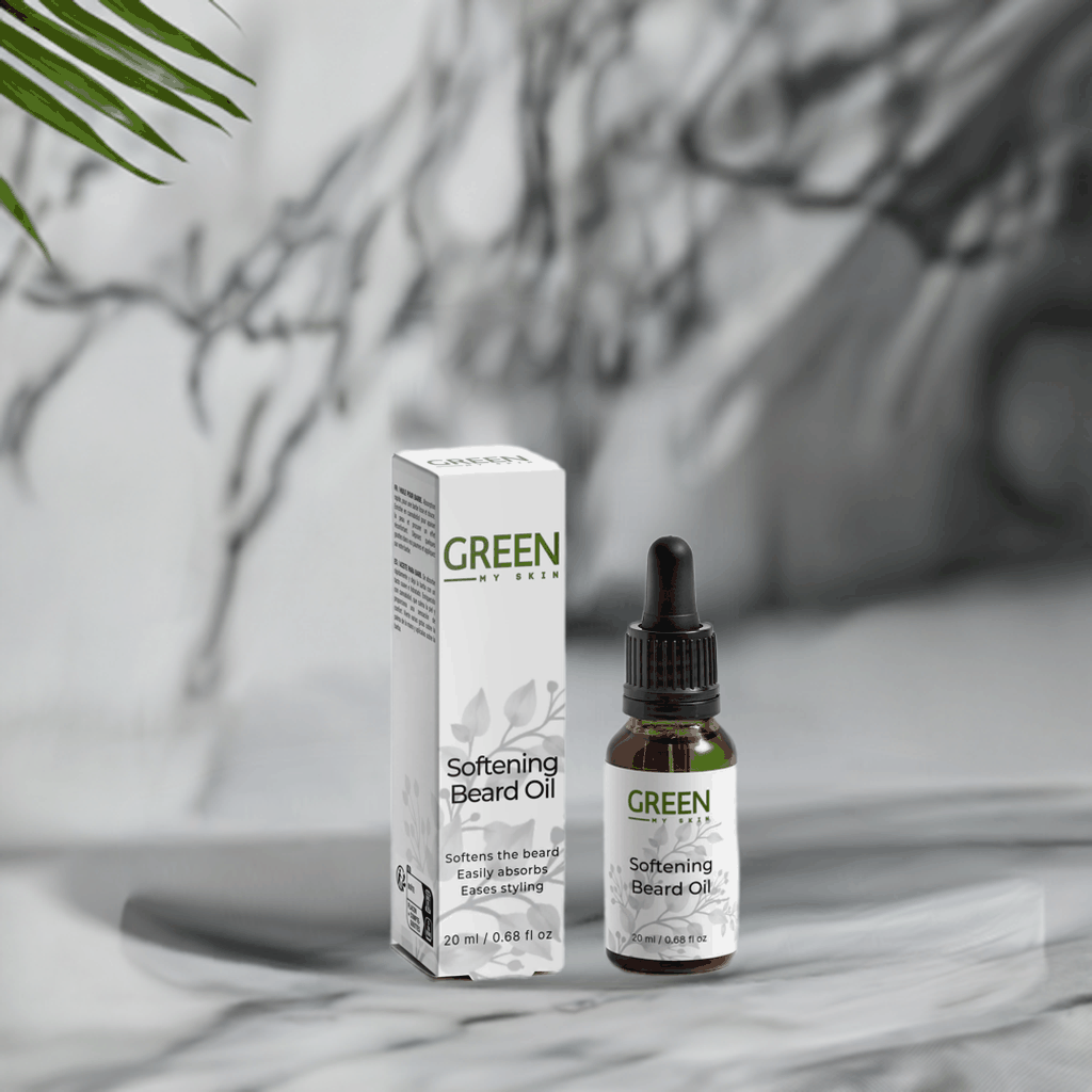Vegan softening beard oil with organic, cruelty-free ingredients to nourish, hydrate, and tame facial hair, available at greenmyskin.com.
