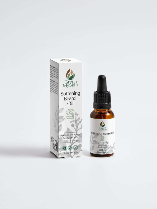 Vegan softening beard oil with organic, cruelty-free ingredients to nourish, hydrate, and tame facial hair, available at greenmyskin.com.