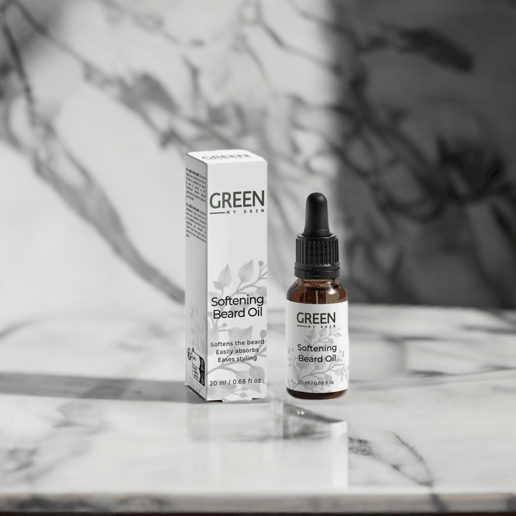 Vegan softening beard oil with organic, cruelty-free ingredients to nourish, hydrate, and tame facial hair, available at greenmyskin.com.