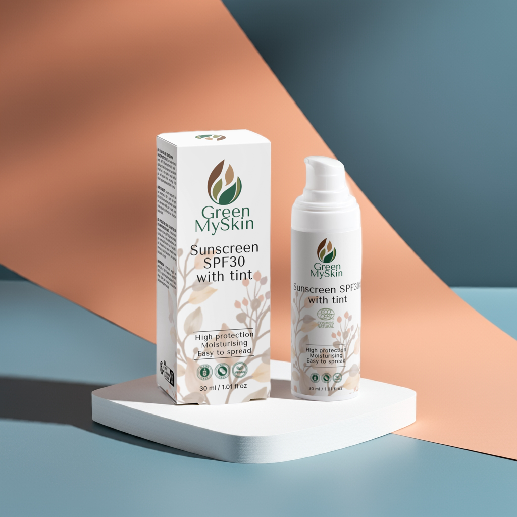 Tinted Sunscreen SPF30 for high protection and moisturization, enriched with Sea Buckthorn and Hyaluronic Acid, displayed with packaging.