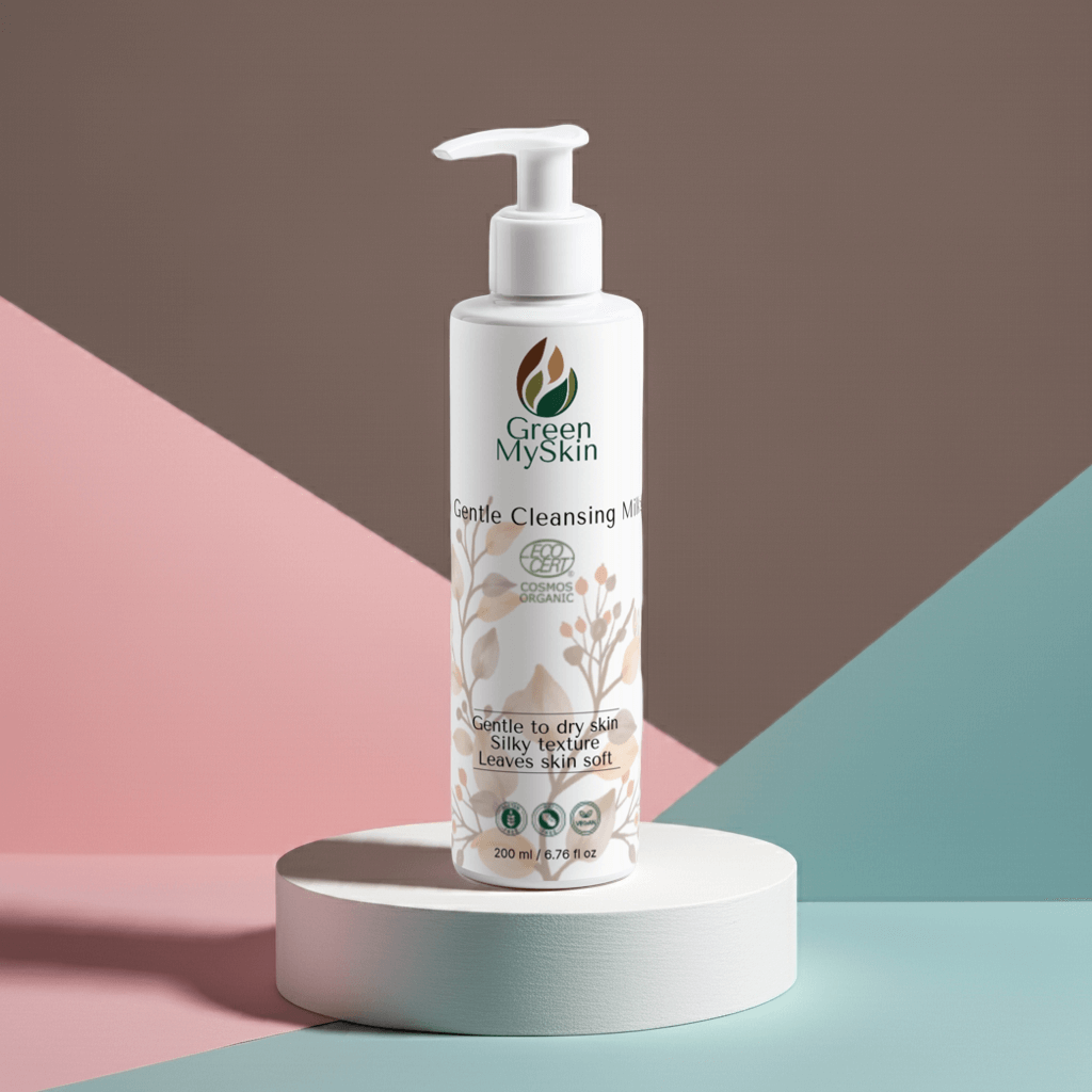 Vegan gentle cleansing milk with organic, cruelty-free ingredients to remove impurities and makeup while soothing and hydrating skin, available at greenmyskin.com.