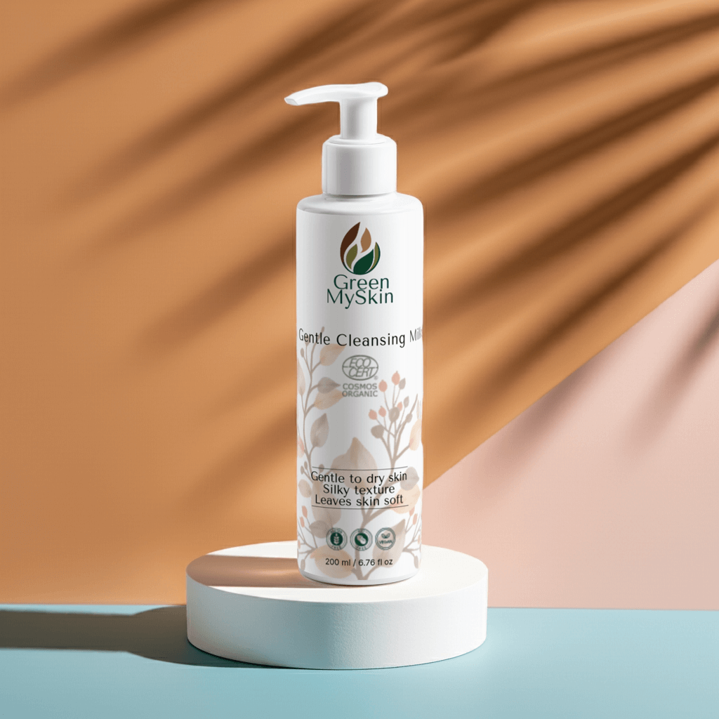Vegan gentle cleansing milk with organic, cruelty-free ingredients to remove impurities and makeup while soothing and hydrating skin, available at greenmyskin.com.