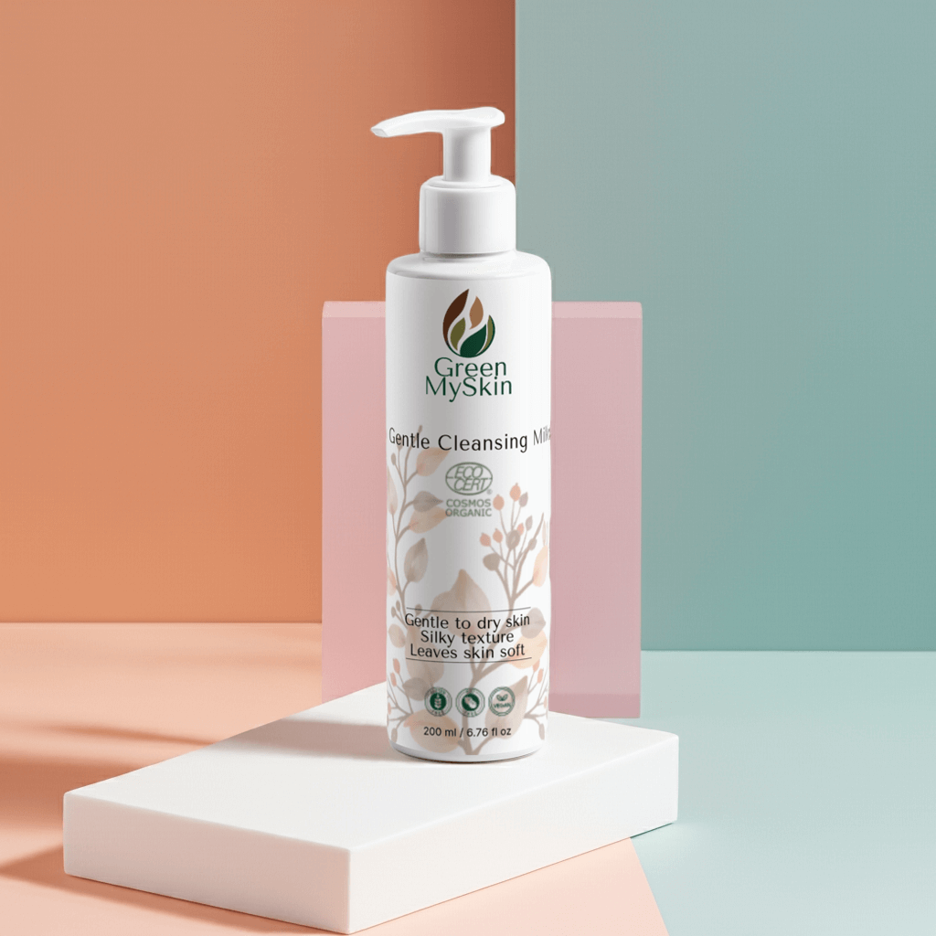 Vegan gentle cleansing milk with organic, cruelty-free ingredients to remove impurities and makeup while soothing and hydrating skin, available at greenmyskin.com.