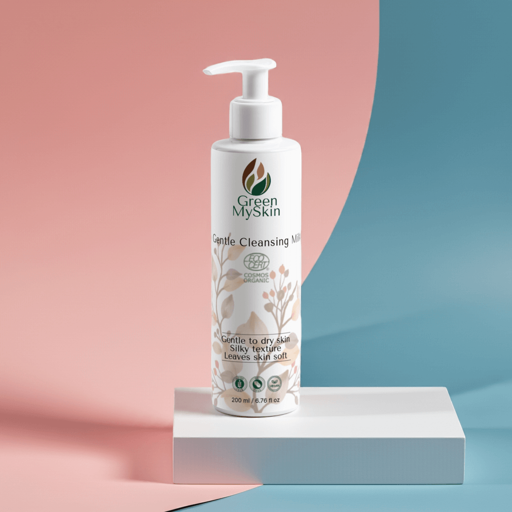 Vegan gentle cleansing milk with organic, cruelty-free ingredients to remove impurities and makeup while soothing and hydrating skin, available at greenmyskin.com.