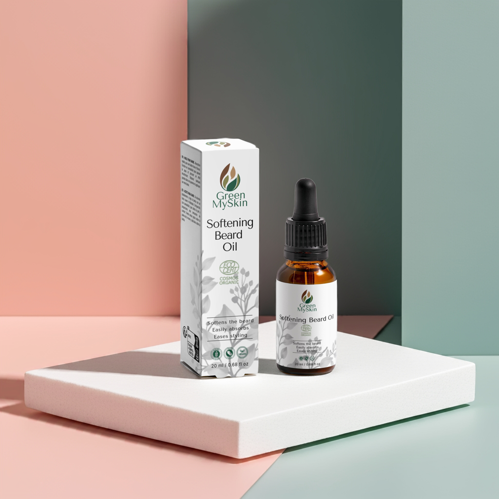 Vegan softening beard oil with organic, cruelty-free ingredients to nourish, hydrate, and tame facial hair, available at greenmyskin.com.
