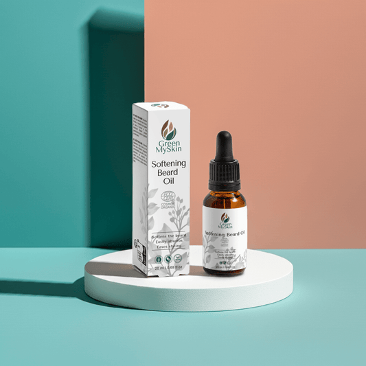 Vegan softening beard oil with organic, cruelty-free ingredients to nourish, hydrate, and tame facial hair, available at greenmyskin.com.