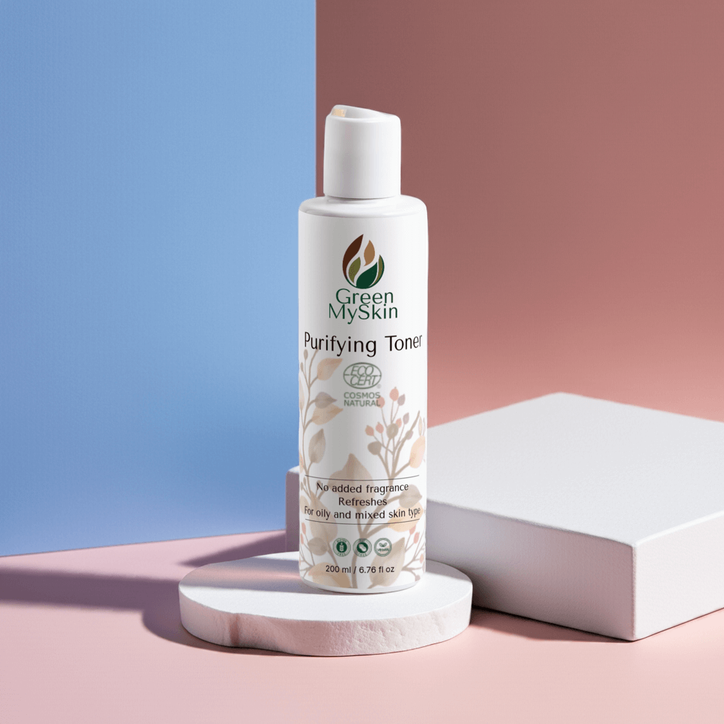 Vegan purifying toner with organic, cruelty-free ingredients to cleanse, balance, and refine pores, available at greenmyskin.com.