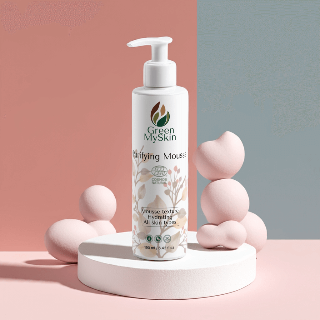 COSMOS NATURAL vegan purifying mousse. Organic, cruelty-free. Cleanses, detoxifies, and balances skin. Available at greenmyskin.com.