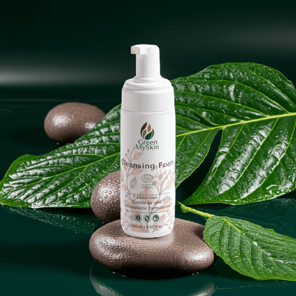 COSMOS Natural gentle cleansing foam in a bottle, suitable for all skin types.