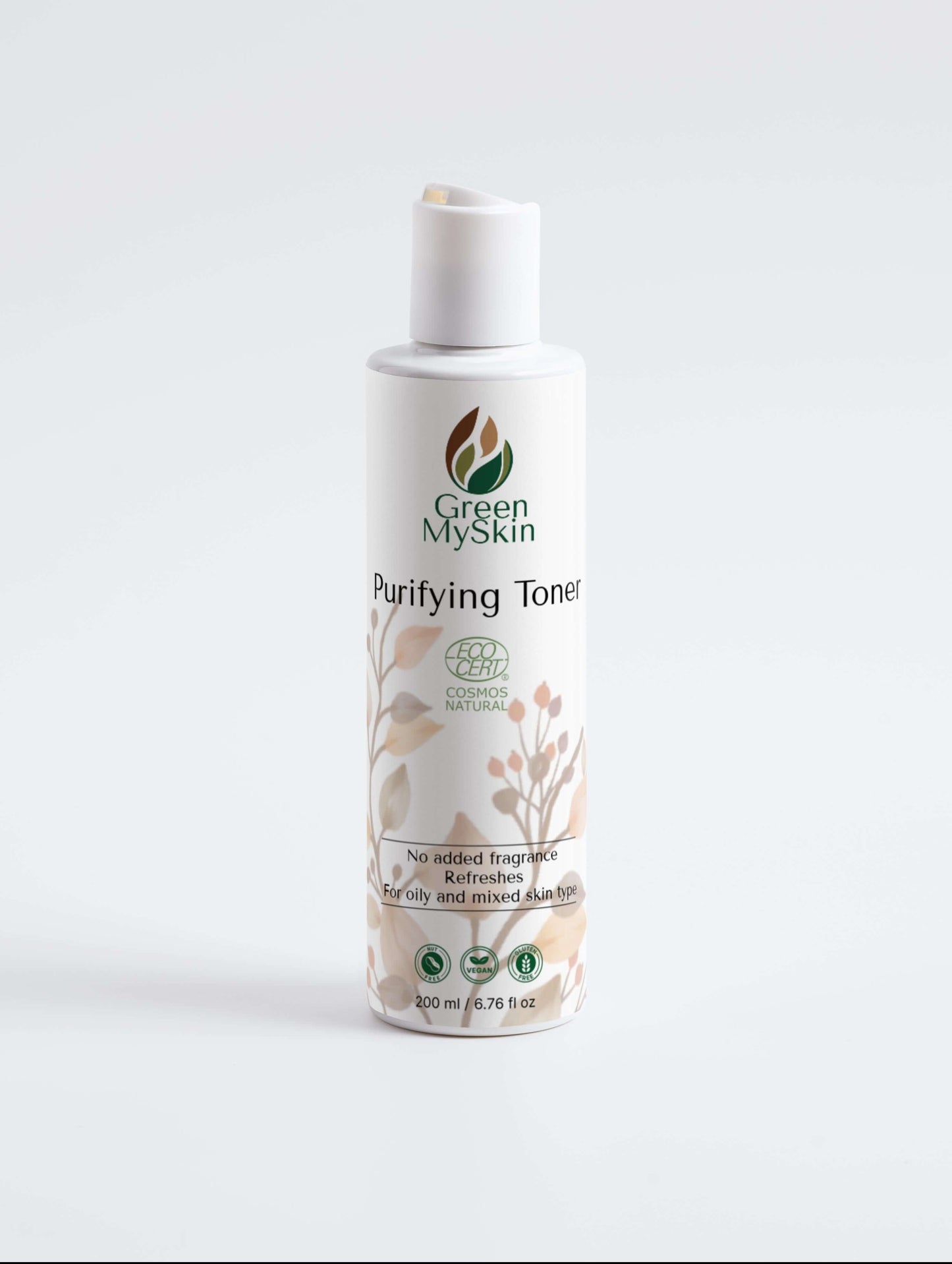 Vegan purifying toner with organic, cruelty-free ingredients to cleanse, balance, and refine pores, available at greenmyskin.com.