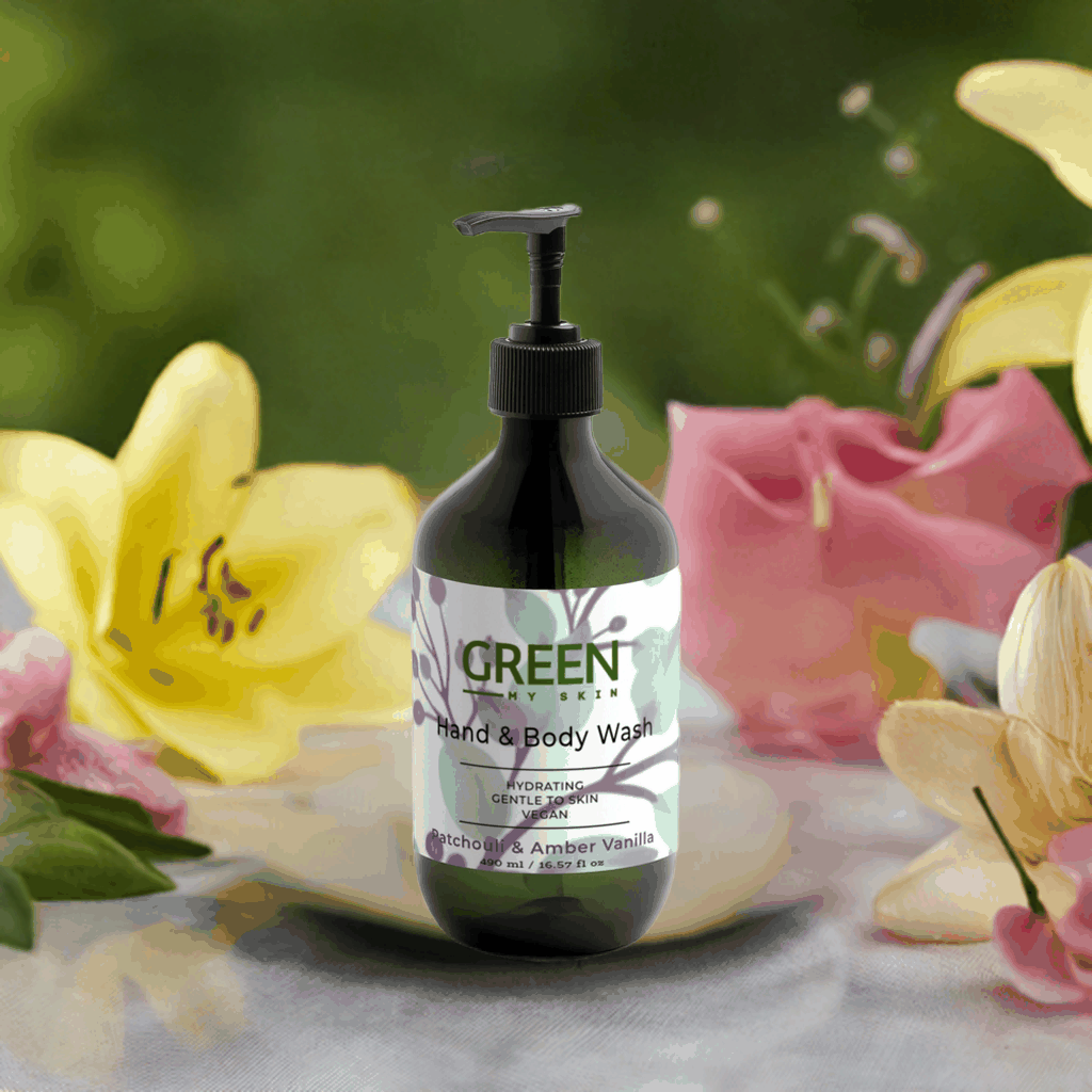 Hydrating hand-body wash with patchouli, amber vanilla scent in a botanical background.