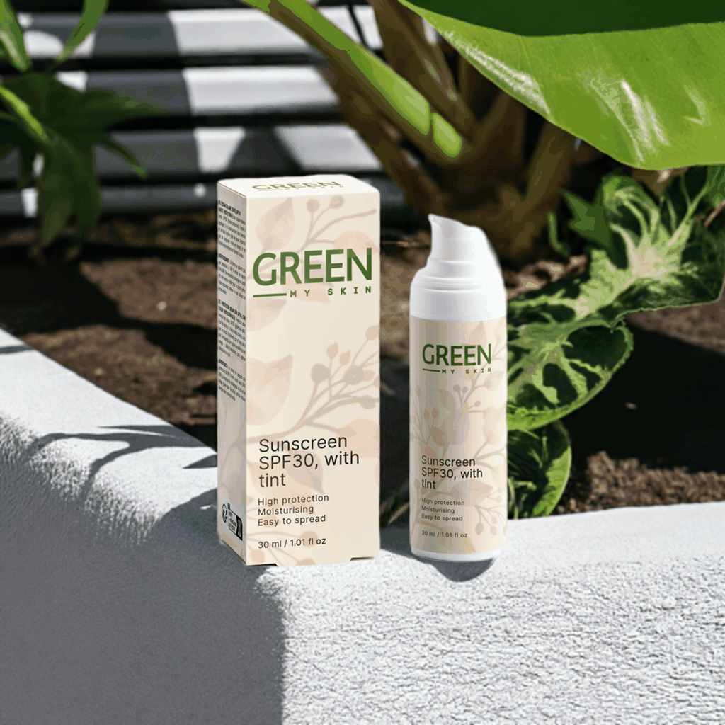 Tinted Sunscreen SPF30 bottle and packaging on outdoor surface.