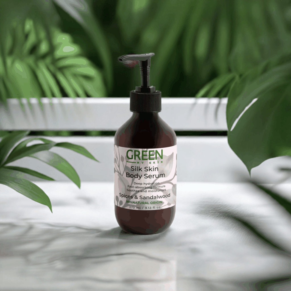 Silk Skin Body Serum bottle with greenery background, featuring deep hydration and natural ingredients.