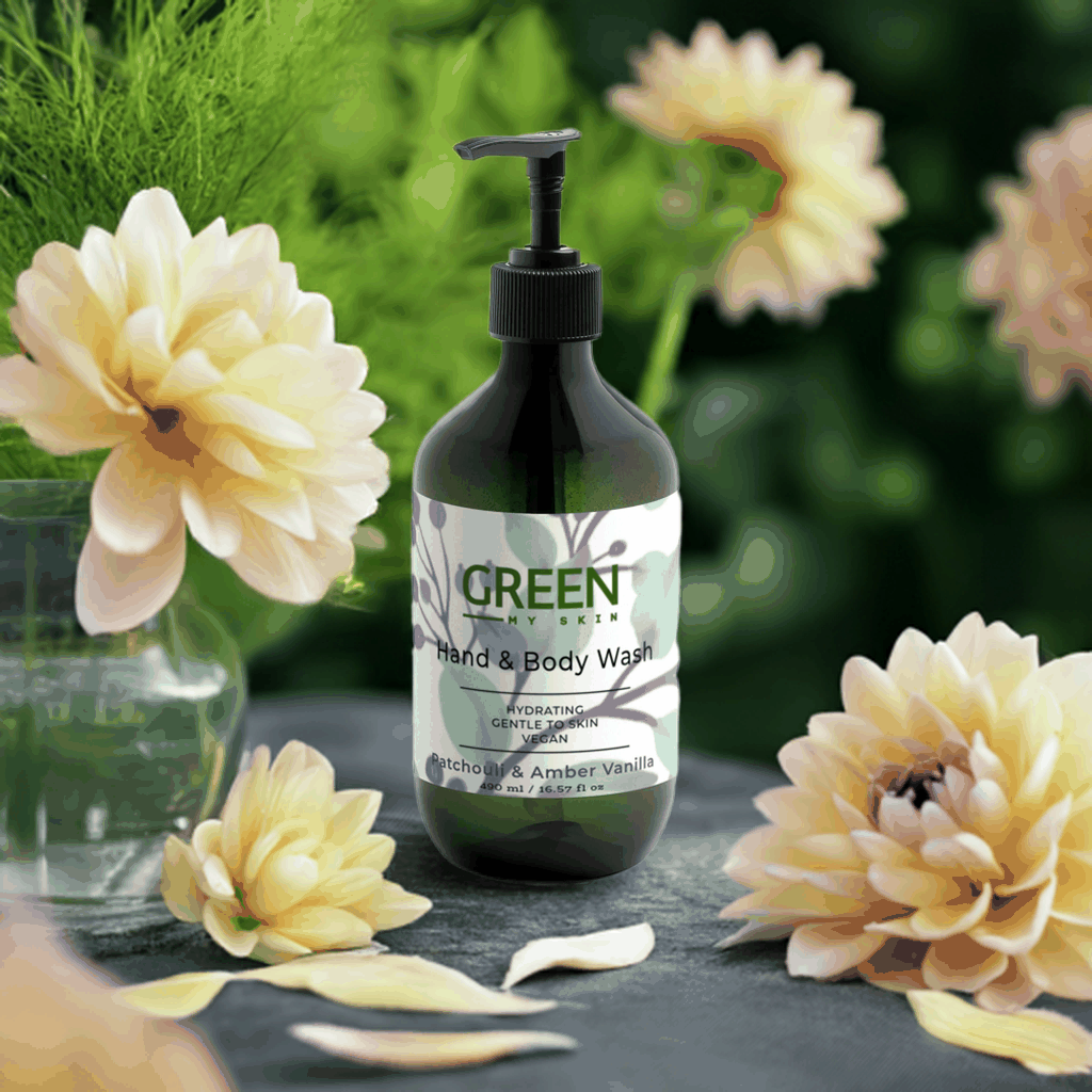 Hydrating hand-body wash with patchouli, amber, and vanilla scent, vegan formula.