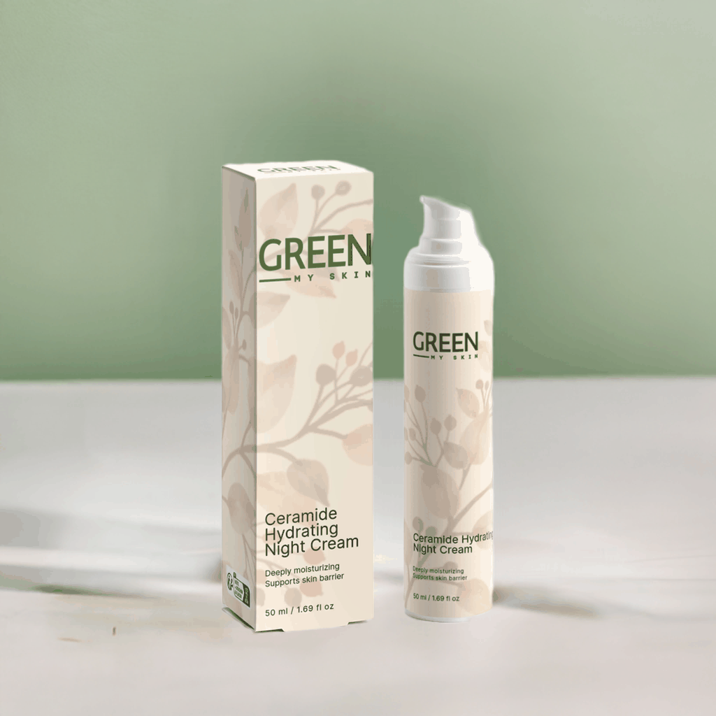 Ceramide Hydrating Night Cream packaging and bottle on a table.