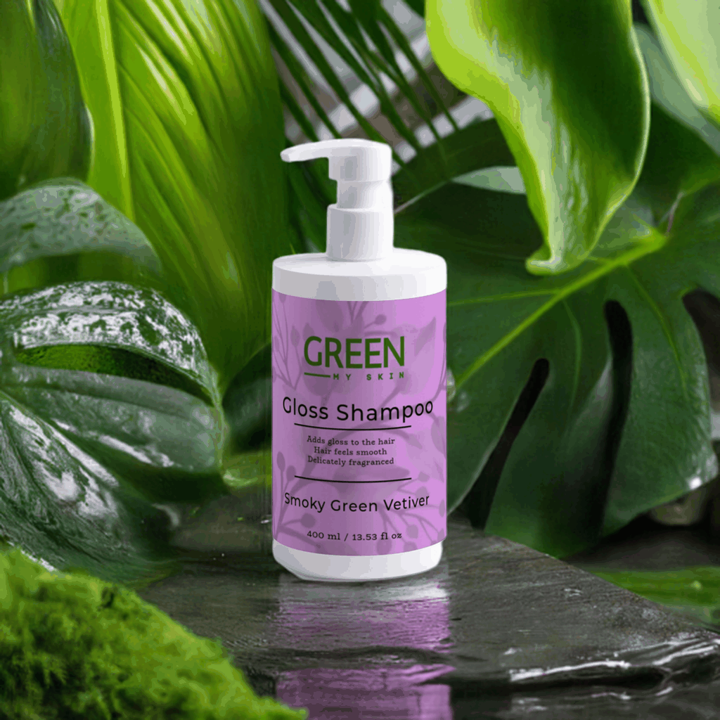 Gloss-shampoo Smoky Green Vetiver, adds gloss and smooth feel, elegantly fragranced.