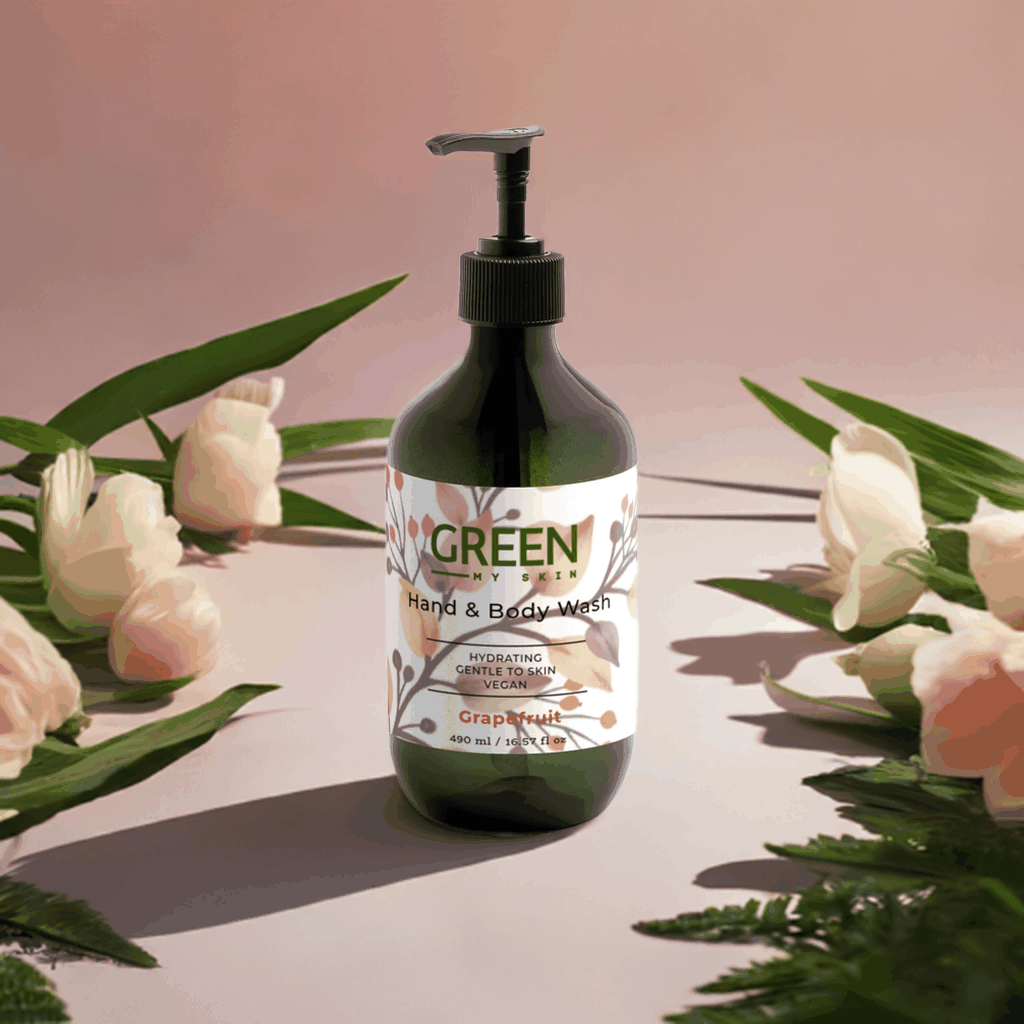 Hand-Body Wash Grapefruit Body Soap Bottle with Hydrating Vegan Formula in Floral Setting.