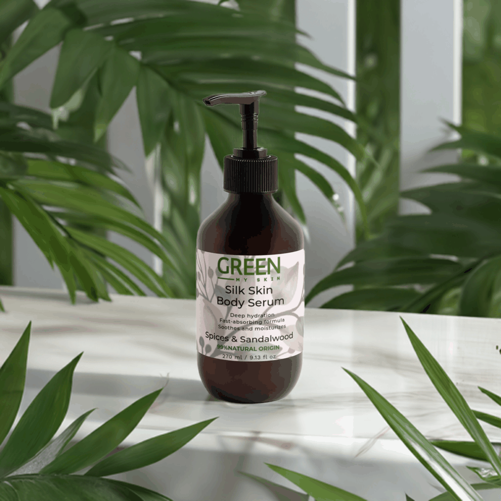 Silk-Skin-Body-Serum bottle with pump on tropical green background; features deep hydration benefits with spices and sandalwood.