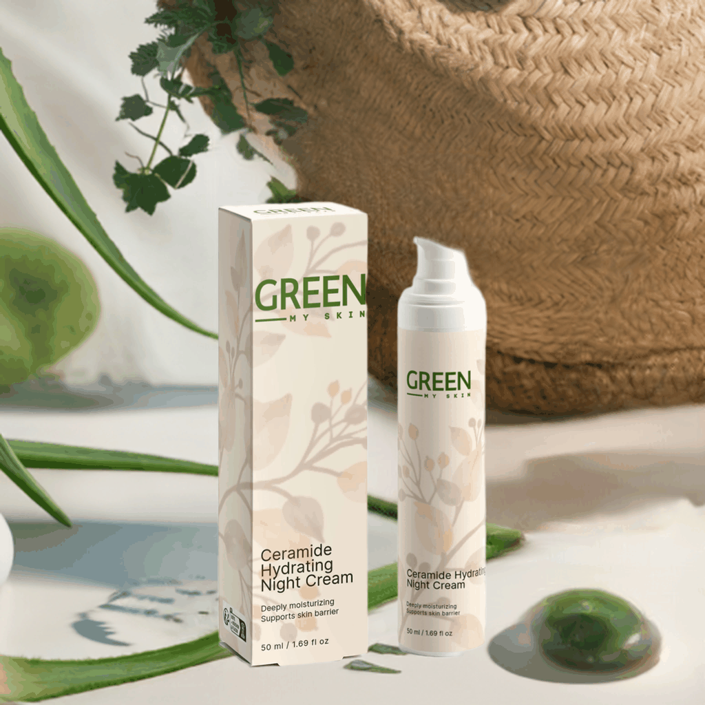 Ceramide Hydrating Night Cream with packaging, promotes moisturizing and skin barrier support.