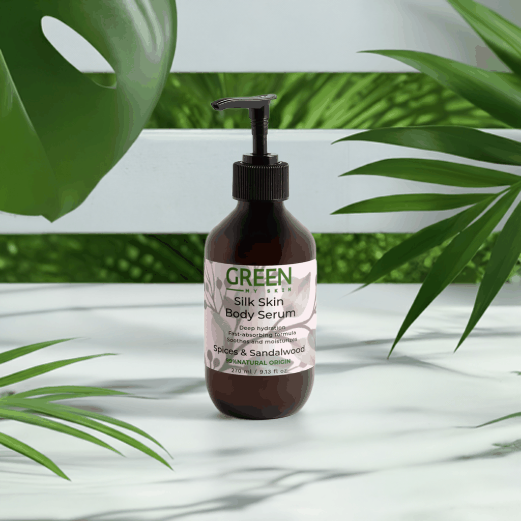 Luxurious Silk-Skin Body Serum bottle with Spices & Sandalwood, ideal for deep hydration and skin nourishment.