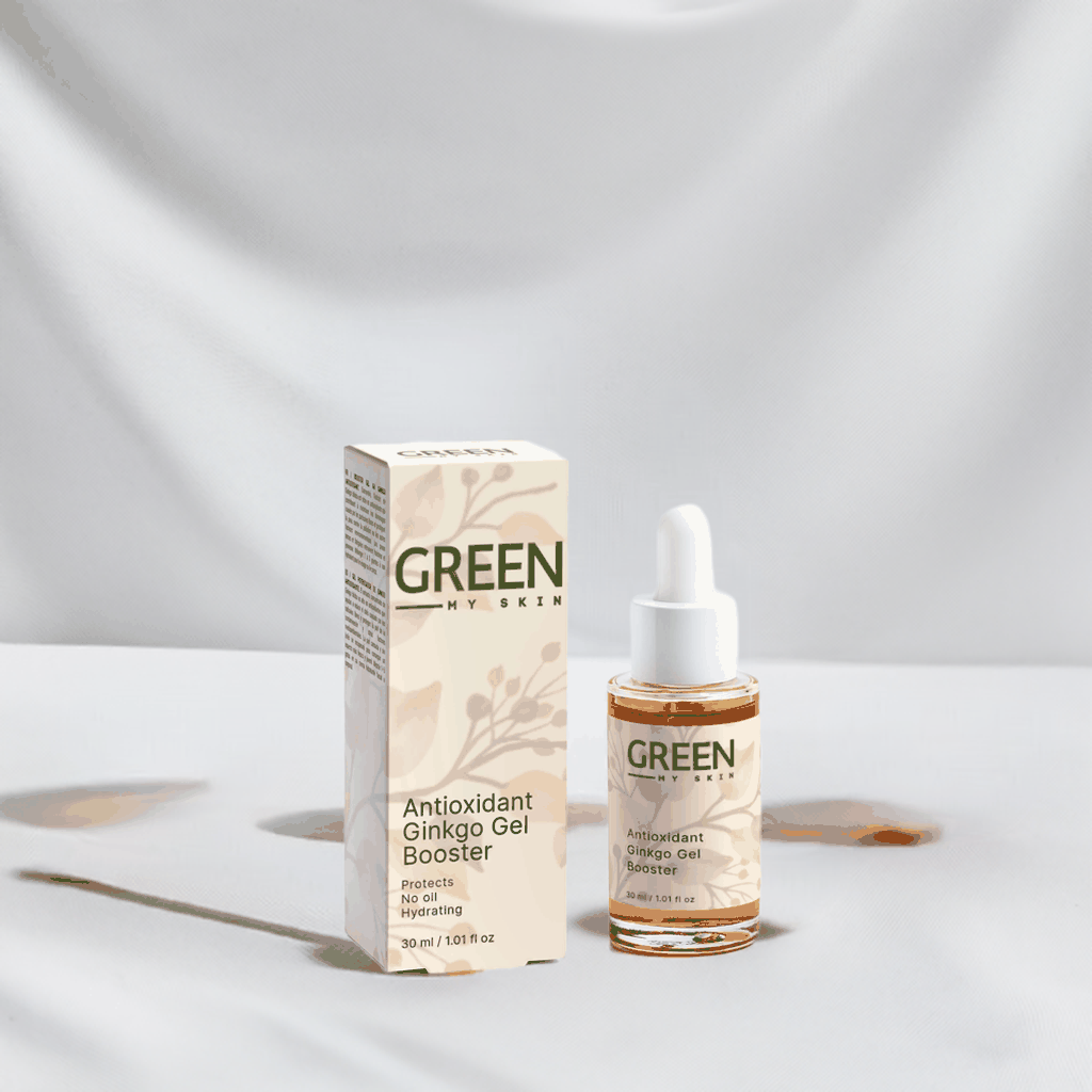 Ginkgo Gel Booster for Antioxidant Support, hydrating and oil-free formula in a 30 ml dropper bottle, promotes glowing complexion.