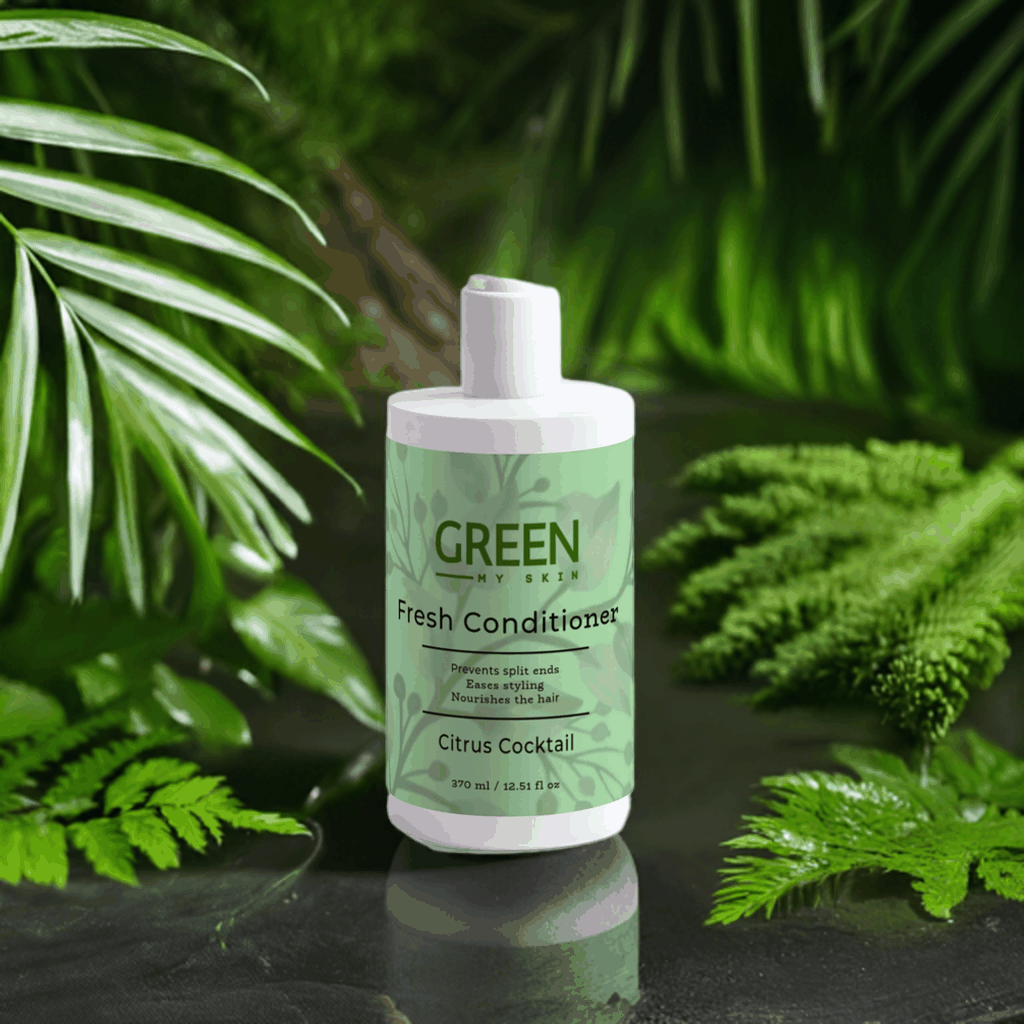 Citrus Cocktail Fresh-Conditioner bottle surrounded by lush greenery, designed to prevent split ends and nourish hair.