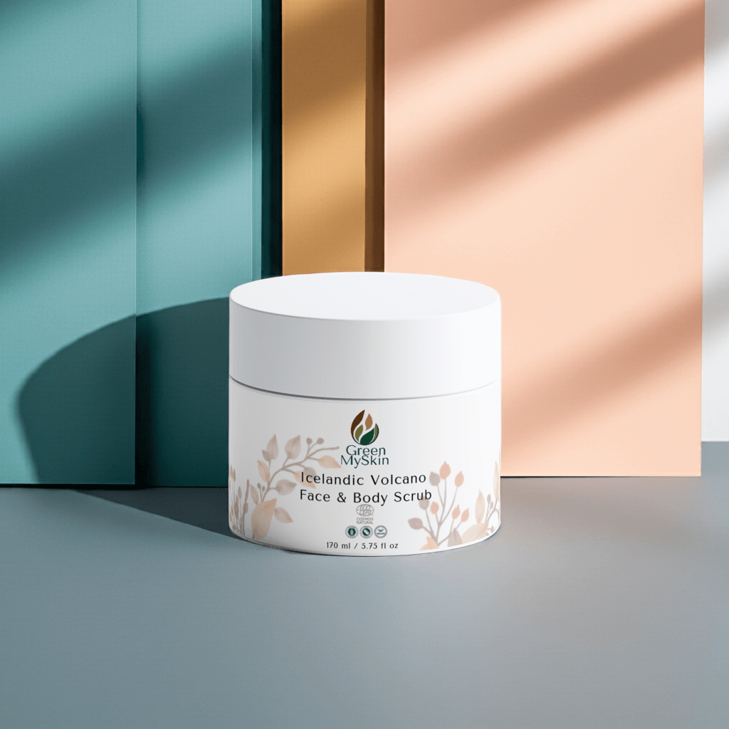 Green My Skin Jar of Icelandic Volcano Face & Body Scrub with branding on a pastel clean colours background