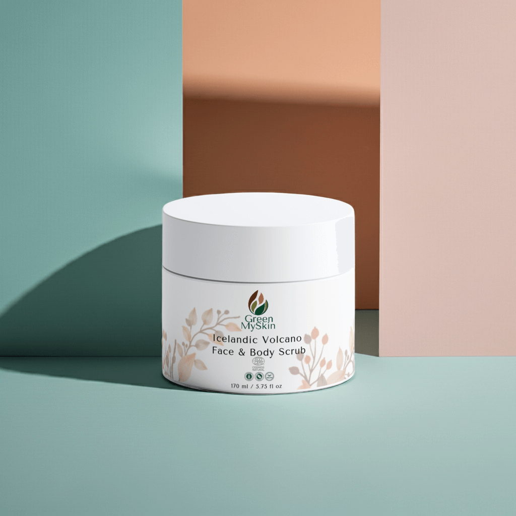 Green My Skin Jar of Icelandic Volcano Face & Body Scrub with branding on a pastel clean colours background