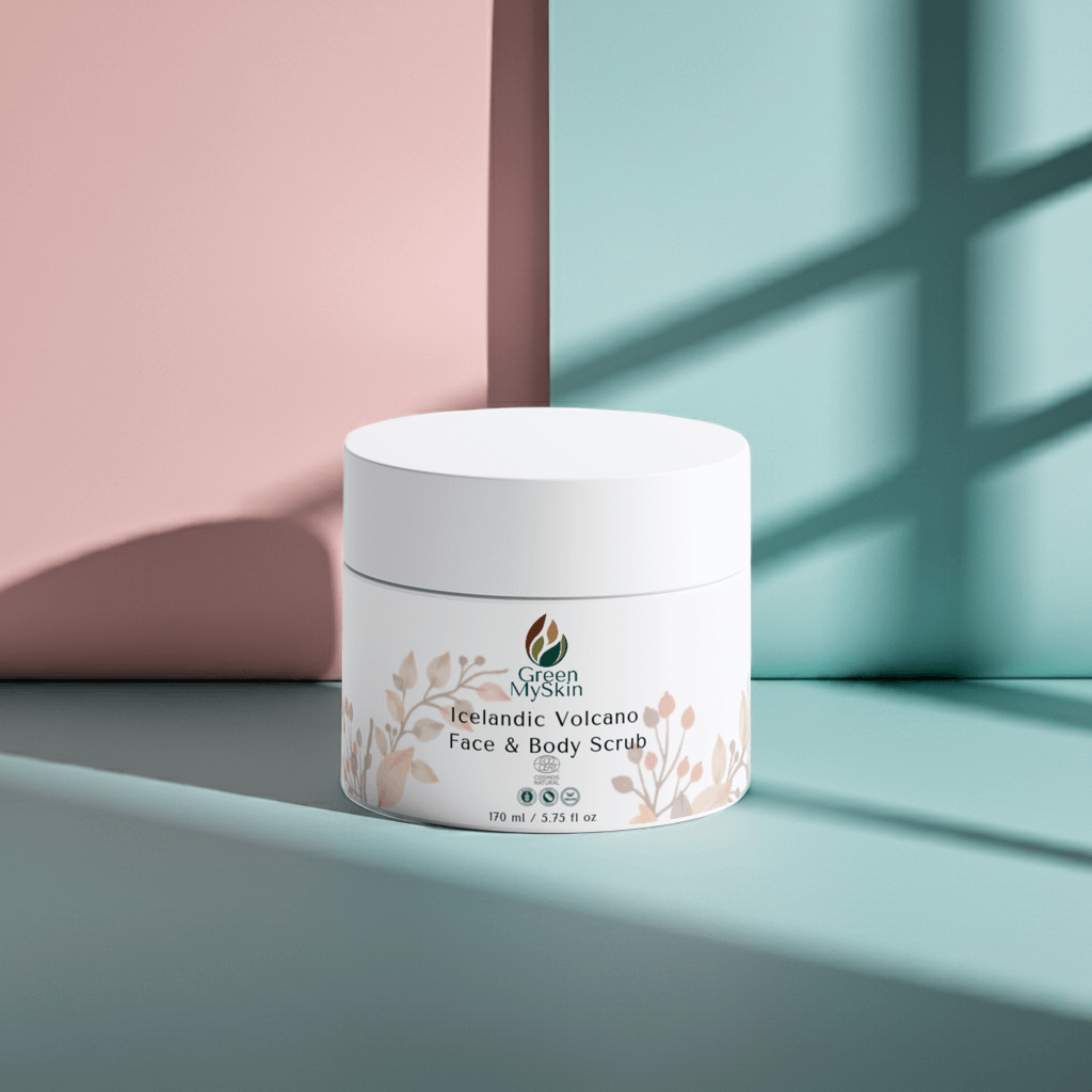 Green My Skin Jar of Icelandic Volcano Face & Body Scrub with branding on a pastel clean colours background
