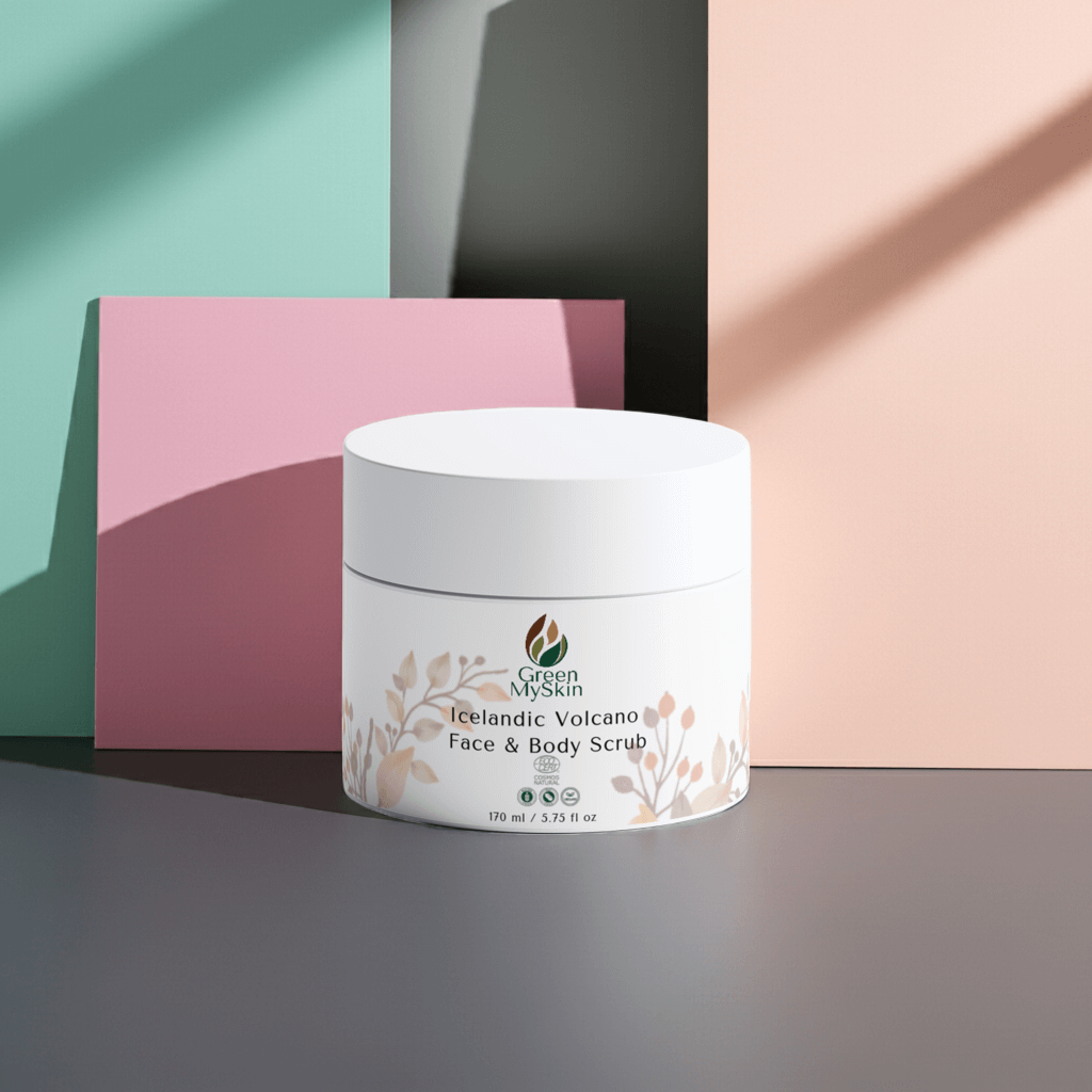 Green My Skin Jar of Icelandic Volcano Face & Body Scrub with branding on a pastel clean colours background