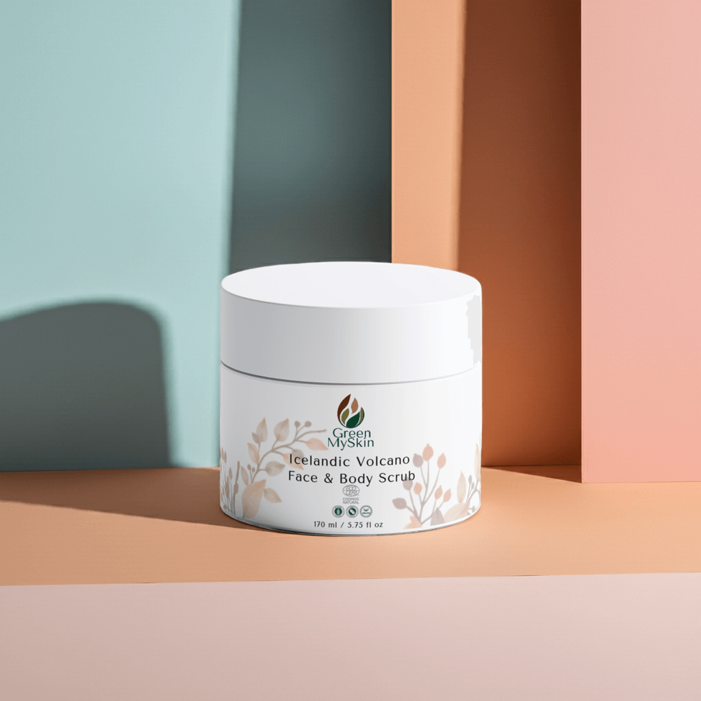 Green My Skin Jar of Icelandic Volcano Face & Body Scrub with branding on a pastel clean colours background
