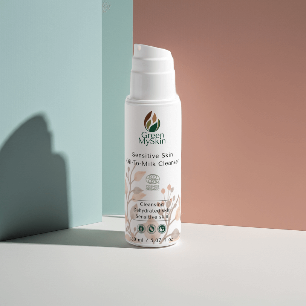Green My Skin skincare sensitive skin oil to milk cleanser product on a pastel colours background