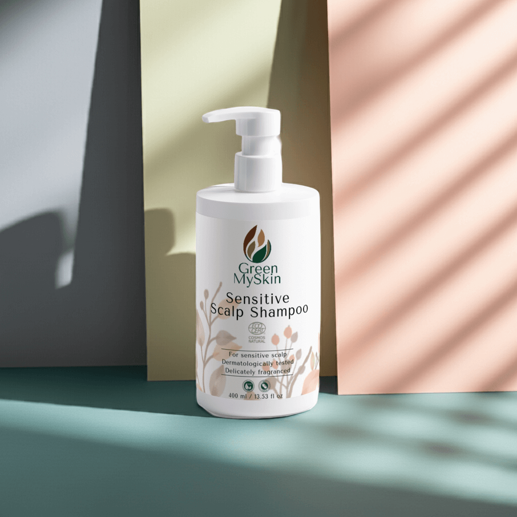Bottle of Green My Skin Sensitive Scalp Shampoo on a light pastel colours background