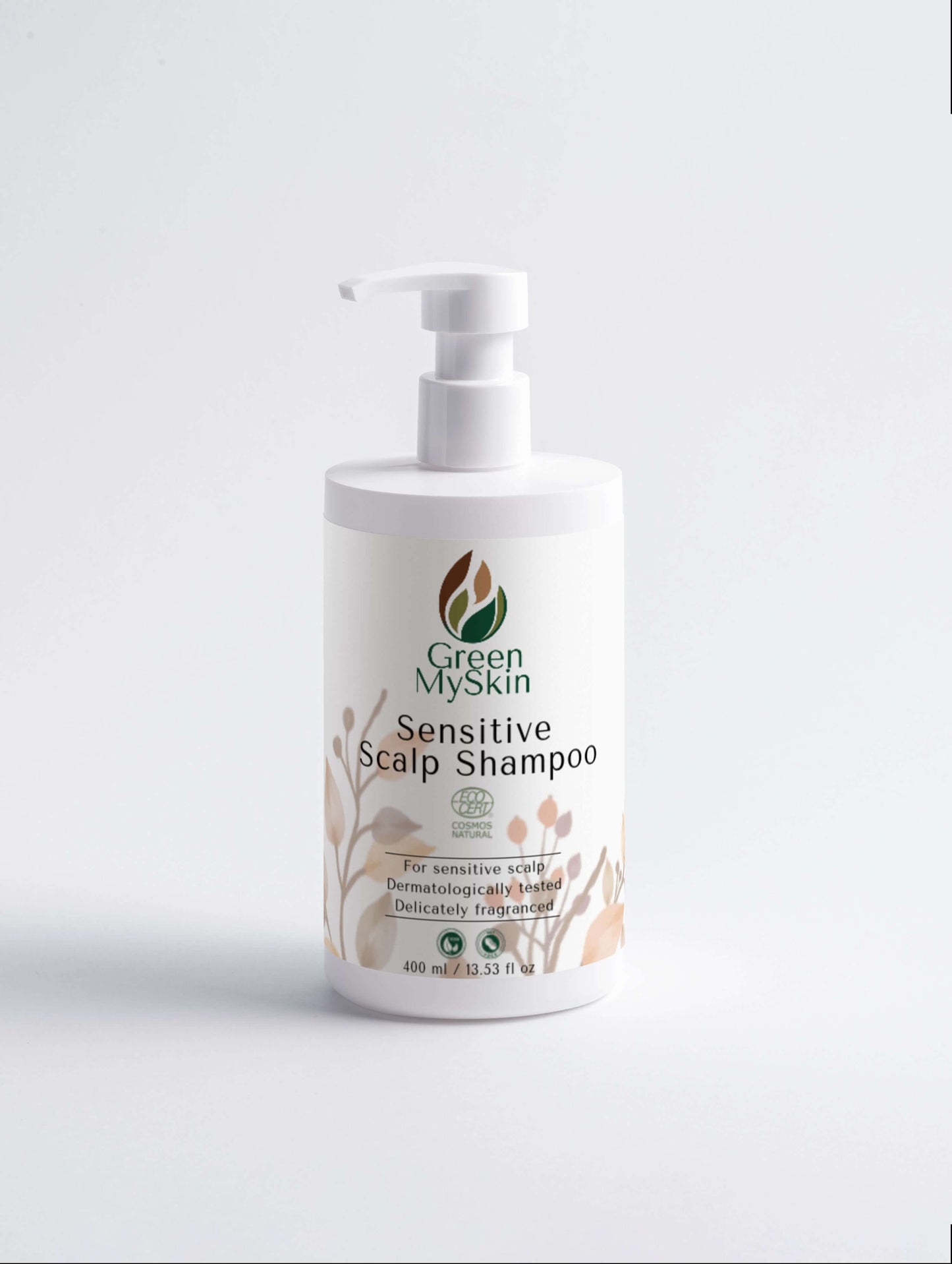 Bottle of Green My Skin Sensitive Scalp Shampoo on a light gray background