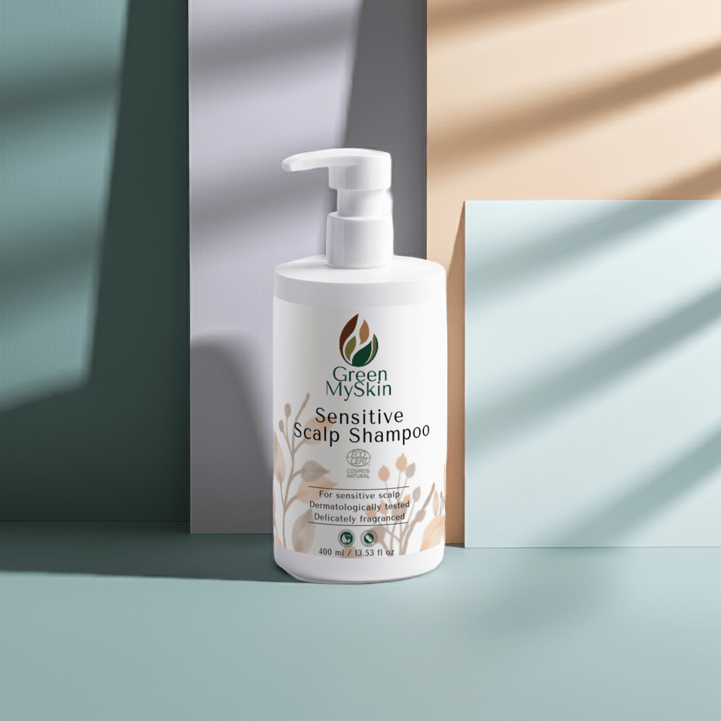 Bottle of Green My Skin Sensitive Scalp Shampoo on a light pastel colours background