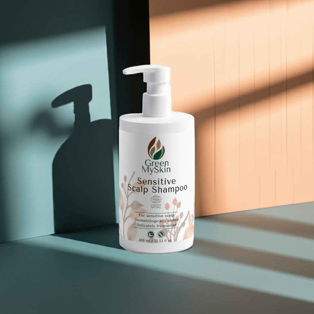 Bottle of Green My Skin Sensitive Scalp Shampoo on a light pastel colours background