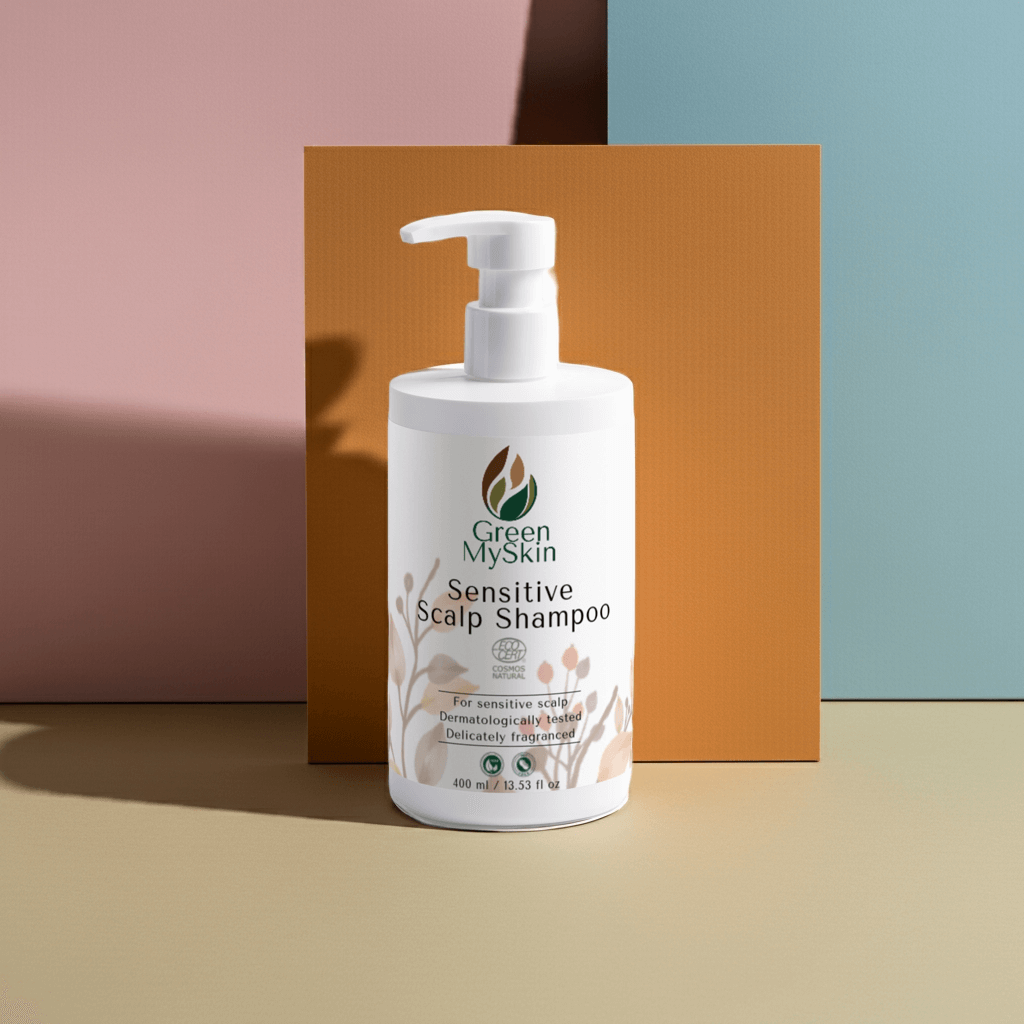 Bottle of Green My Skin Sensitive Scalp Shampoo on a light pastel colours background
