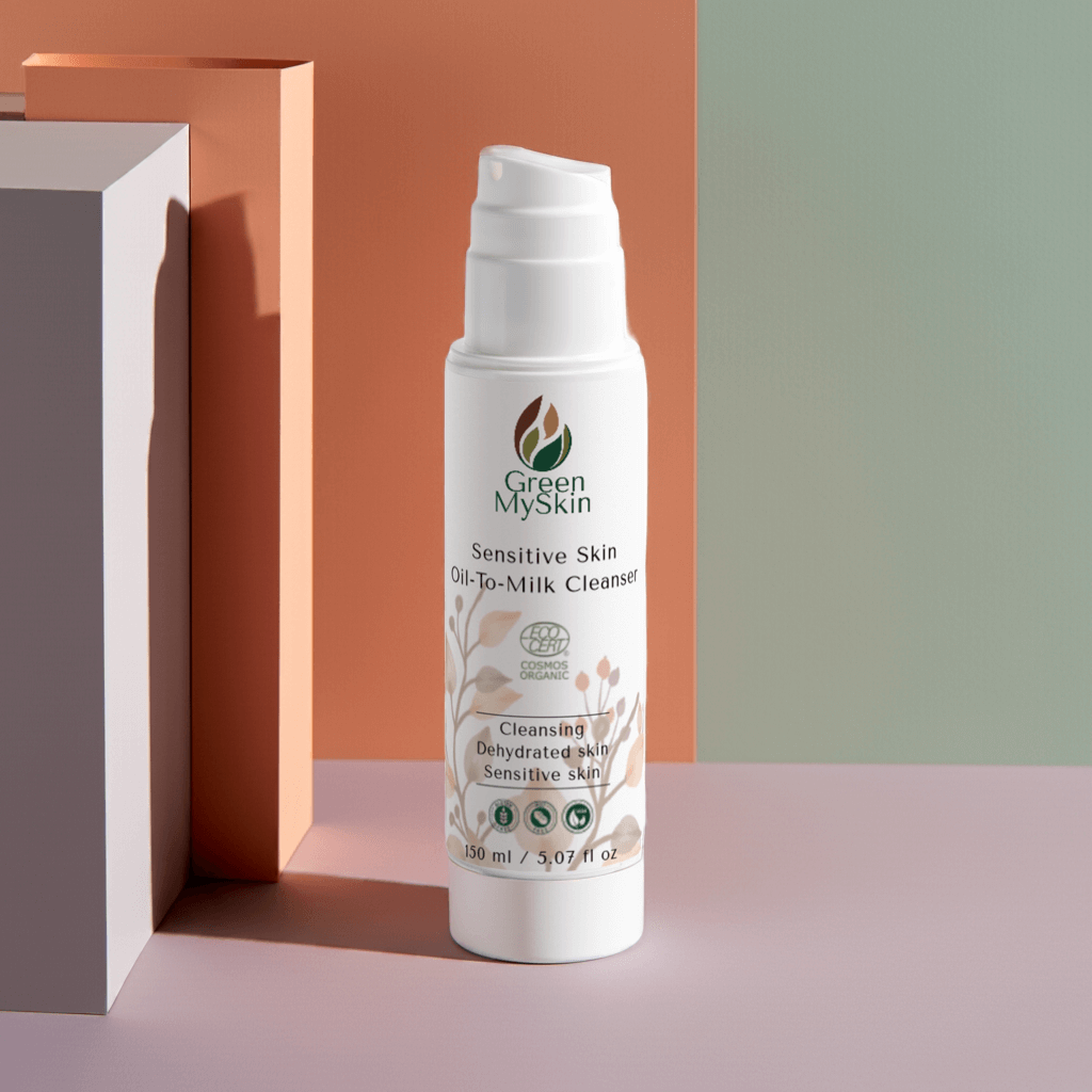 Green My Skin skincare sensitive skin oil to milk cleanser product on a pastel colours background