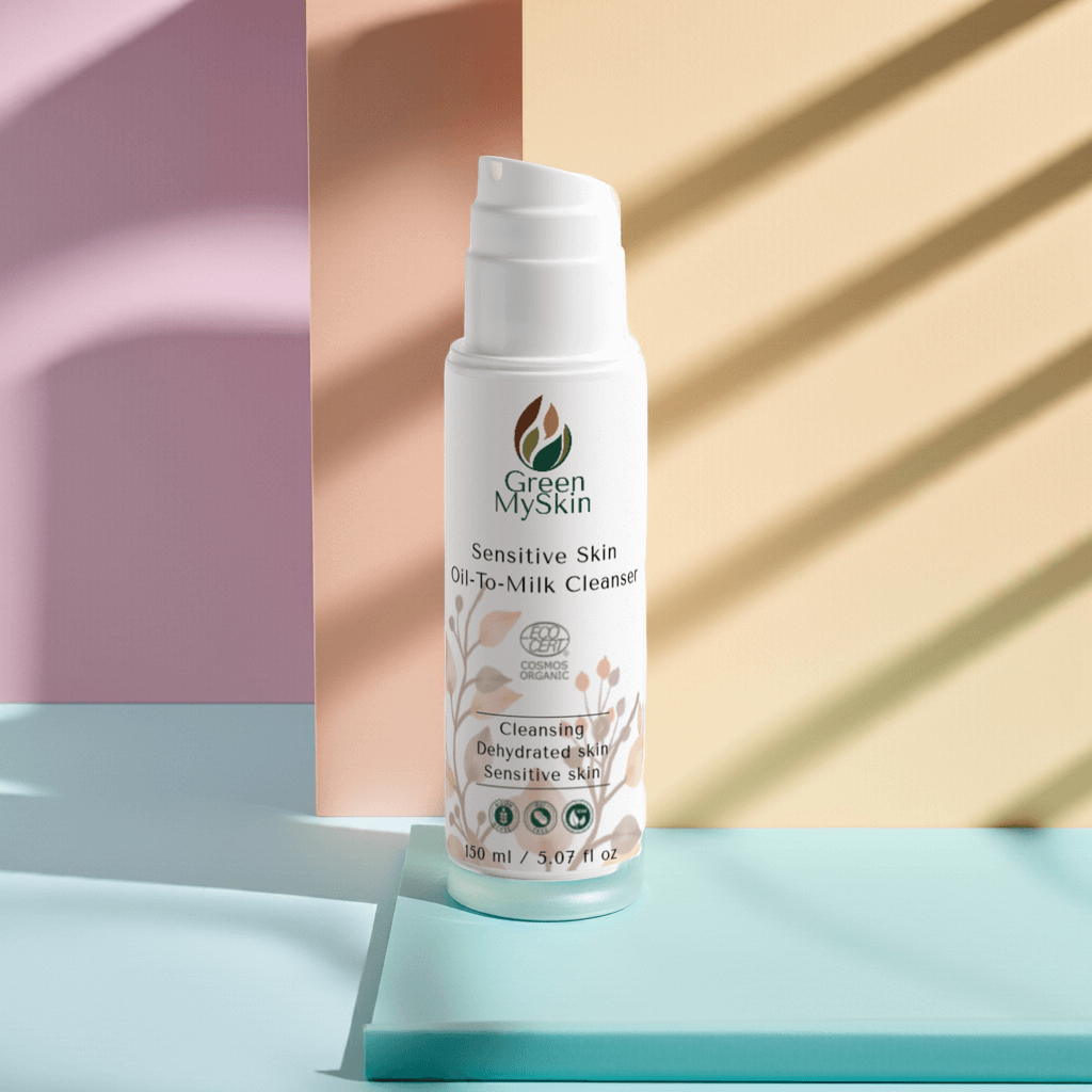 Green My Skin skincare sensitive skin oil to milk cleanser product on a pastel colours background