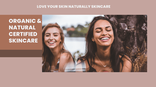 Two smiling women promoting natural anti-aging solutions and organic skincare.