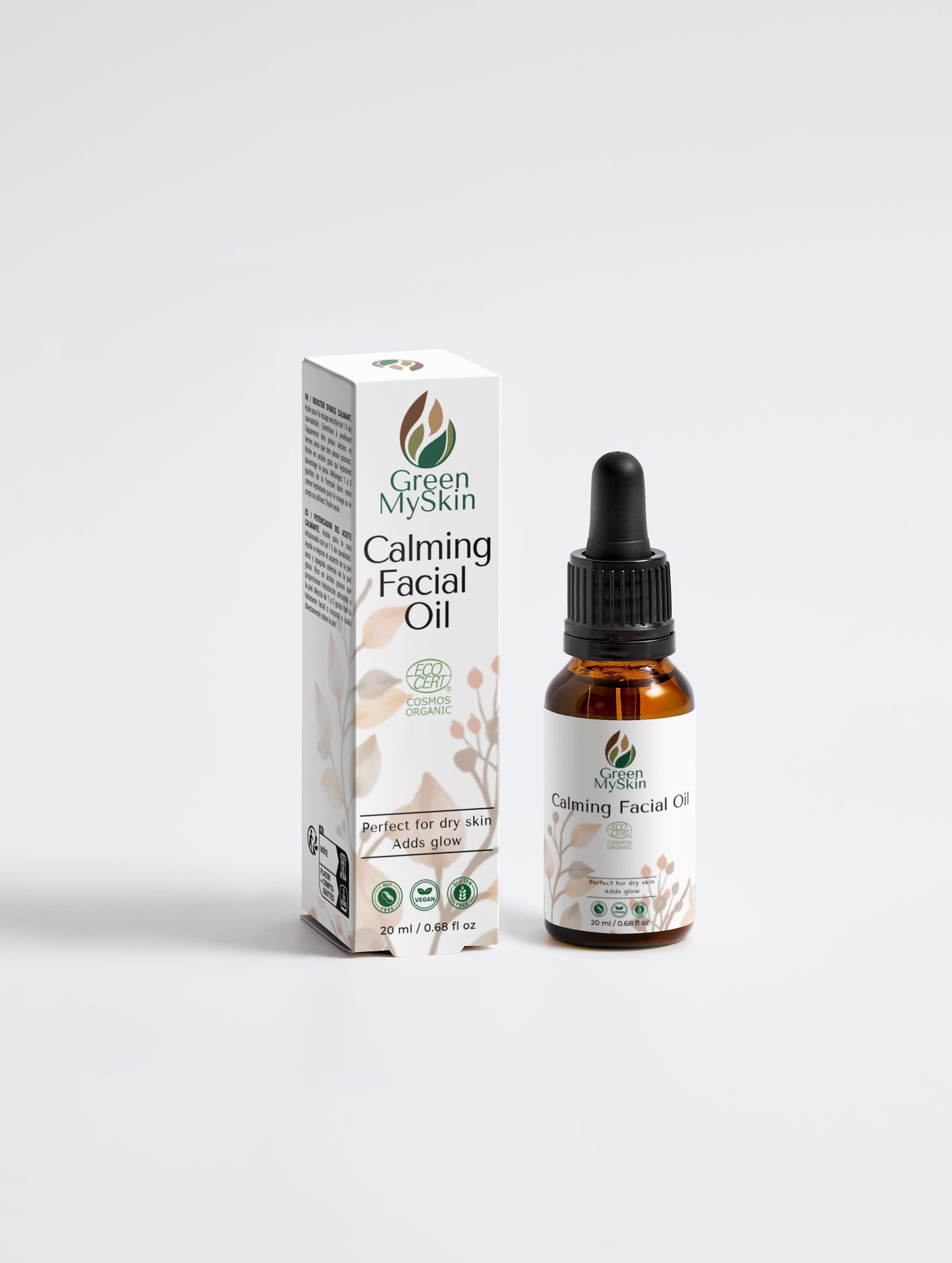 Vegan calming facial oil with organic, cruelty-free ingredients to hydrate, soothe, and balance sensitive skin, available at greenmyskin.com