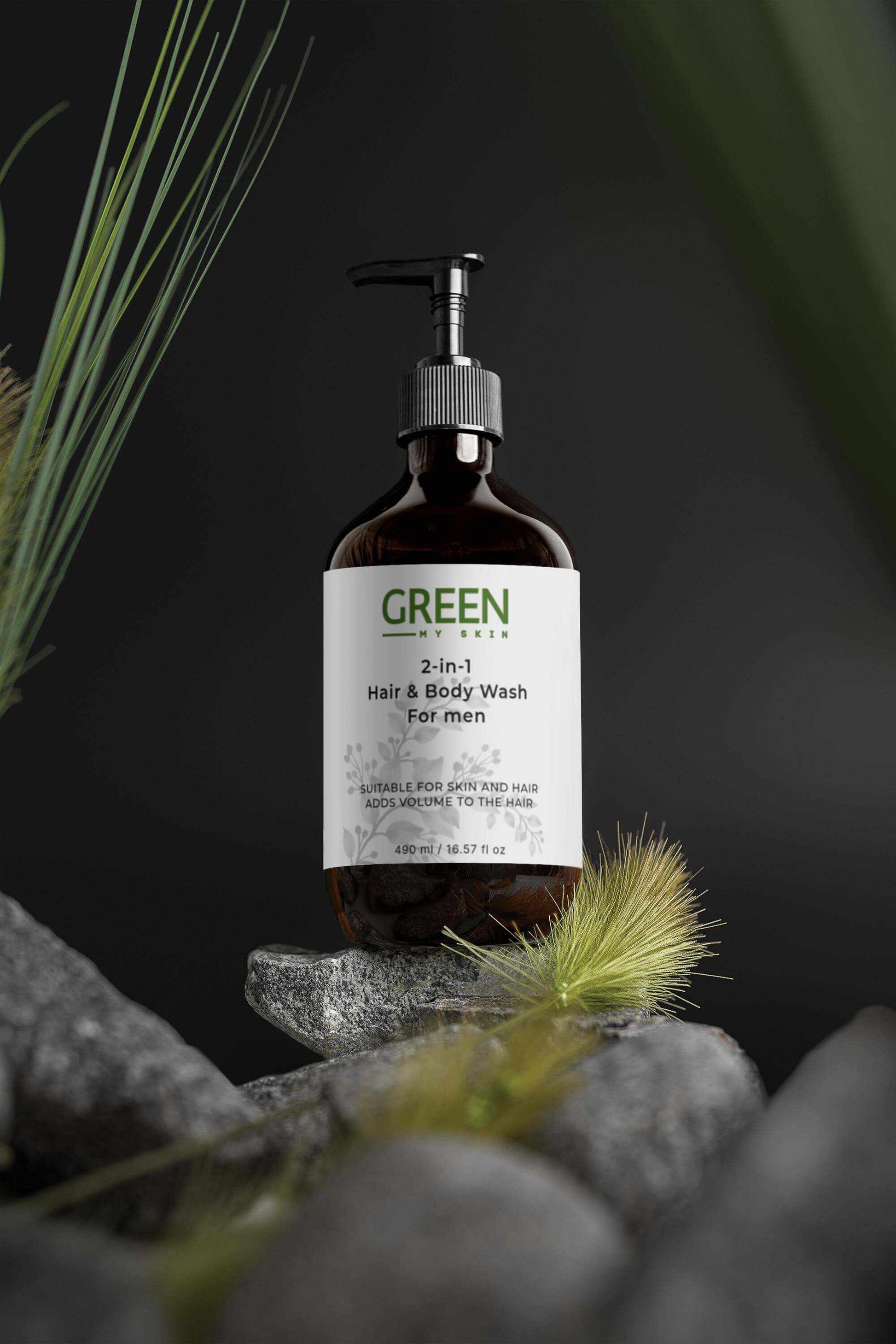 2-in-1-hair-body-wash for men from greenmyskin.com, enriched with Betaine and Wheat Protein, cleanses and strengthens hair and skin, perfect for all skin types