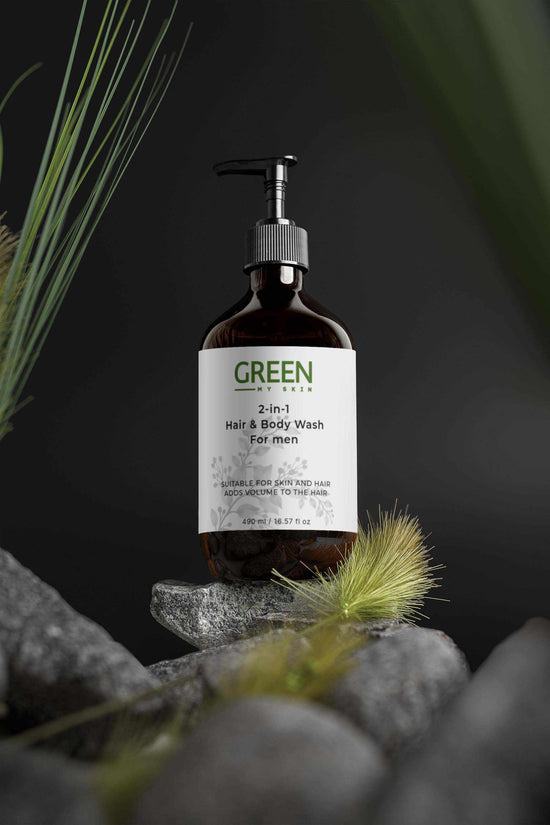 2-in-1-hair-body-wash for men from greenmyskin.com, enriched with Betaine and Wheat Protein, cleanses and strengthens hair and skin, perfect for all skin types