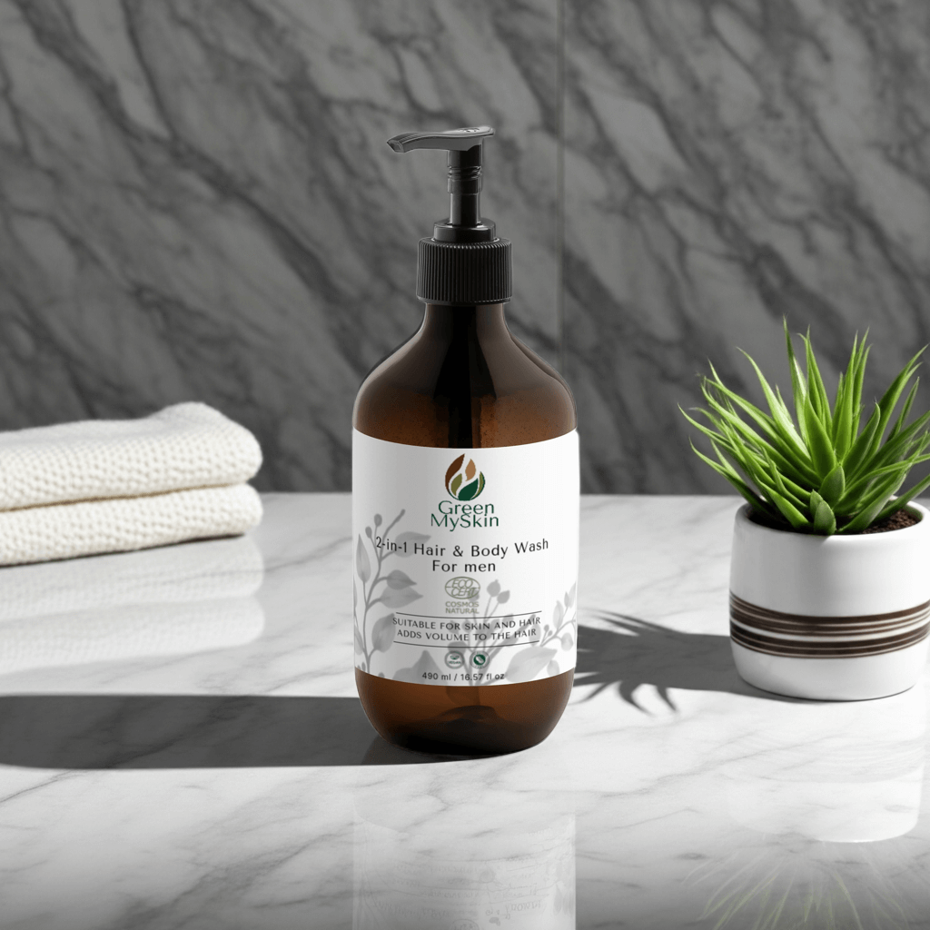 2-in-1-hair-body-wash for men, enriched with Betaine and Wheat Protein, cleanses and strengthens hair and skin, perfect for all skin types.