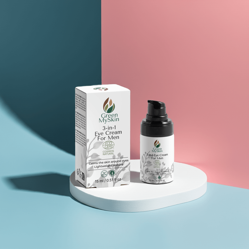 3-in-1 Eye Cream for men from greenmyskin.com, reduces puffiness, dark circles, and fine lines with a lightweight formula. Perfect for all skin types.