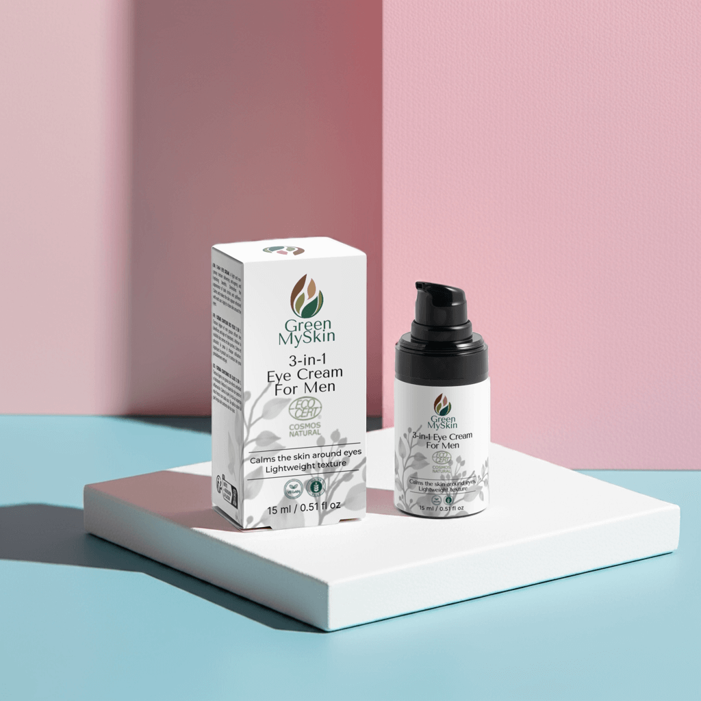 3-in-1 Eye Cream for men from greenmyskin.com, reduces puffiness, dark circles, and fine lines with a lightweight formula. Perfect for all skin types.