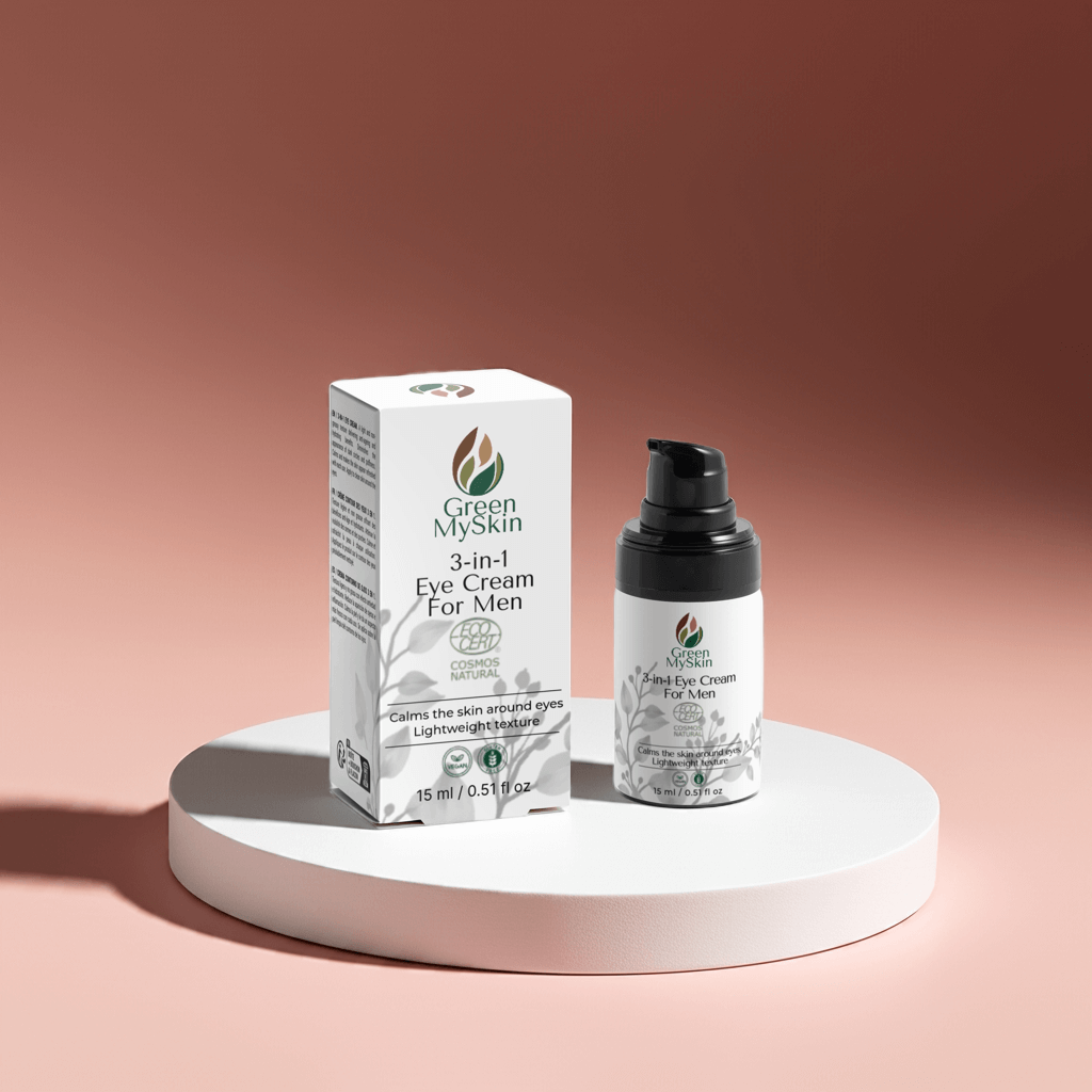 3-in-1 Eye Cream for men from greenmyskin.com, reduces puffiness, dark circles, and fine lines with a lightweight formula. Perfect for all skin types.