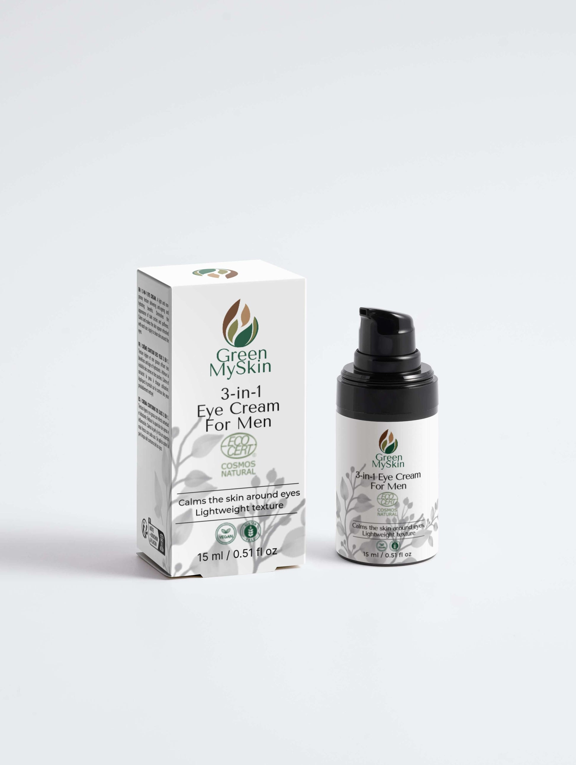 3-in-1 Eye Cream for men from greenmyskin.com, reduces puffiness, dark circles, and fine lines with a lightweight formula. Perfect for all skin types.